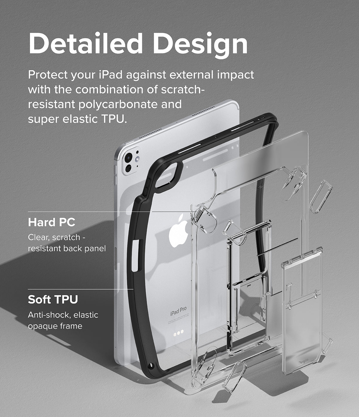 Fusion Sketch Stand | iPad - Exploded view of an iPad case showing a clear polycarbonate back and a black TPU frame.