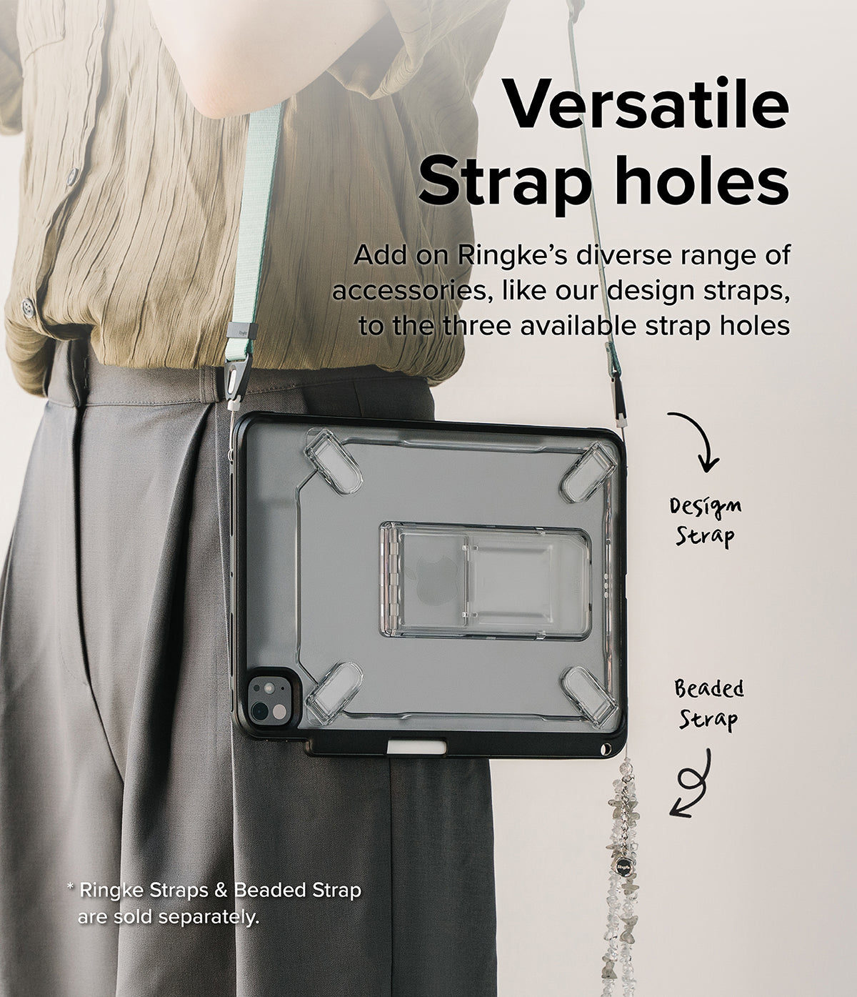 Fusion Sketch Stand | iPad - Person wearing a tablet case with a shoulder strap and decorative beaded accessory attached.