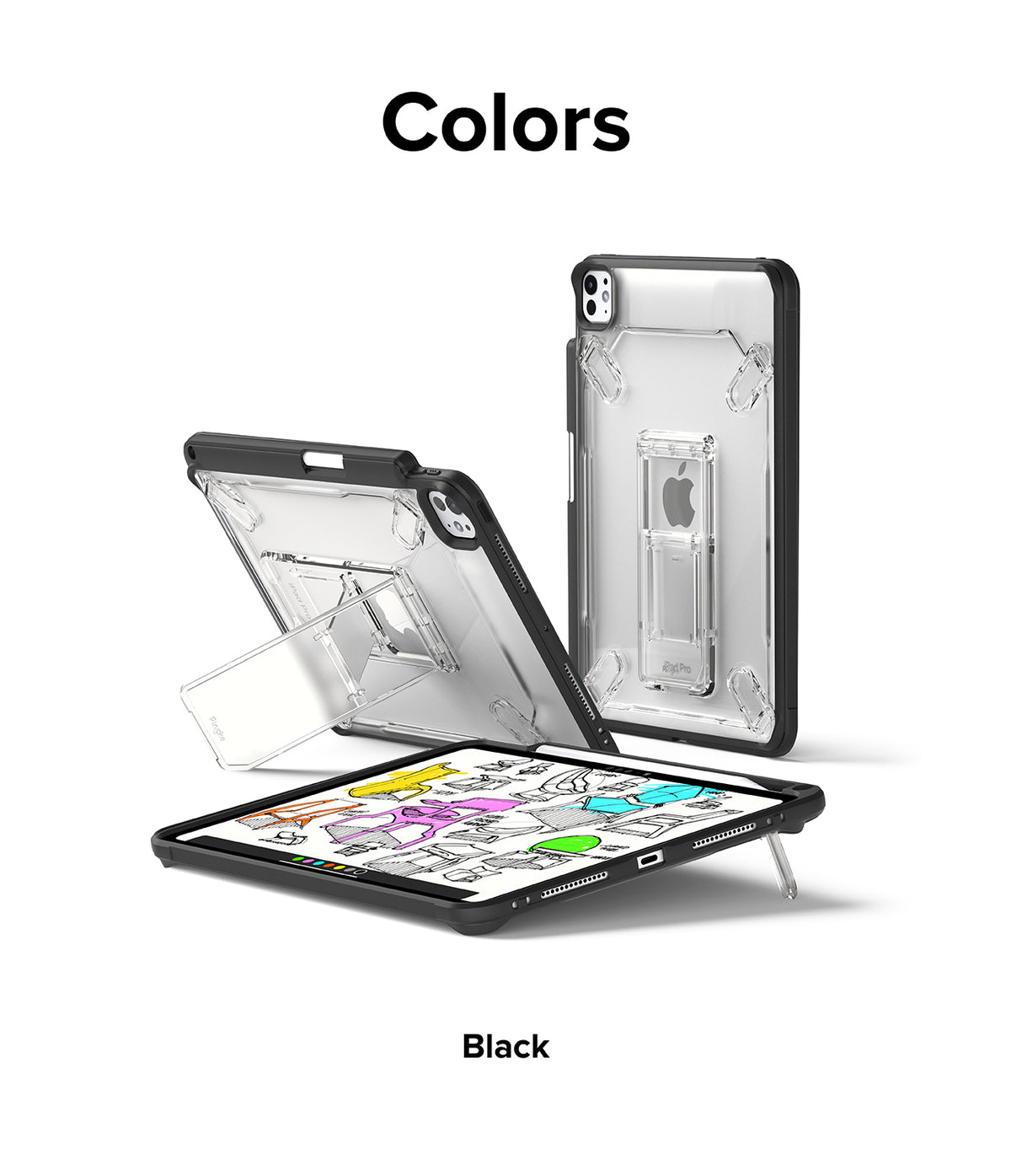 Fusion Sketch Stand | iPad - Black iPad case with a clear back and integrated kickstand shown in multiple viewing angles.