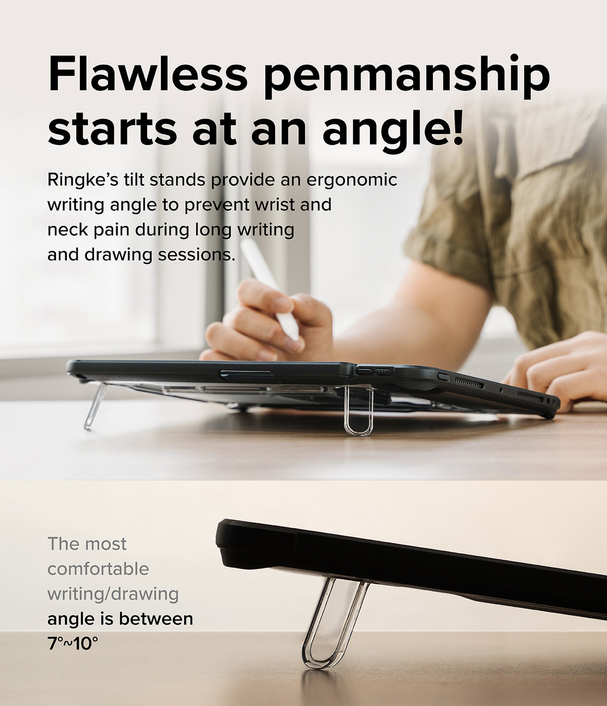 Fusion Sketch Stand | iPad - A person using a stylus on an iPad propped up by a clear, ergonomic tilt stand on a desk.