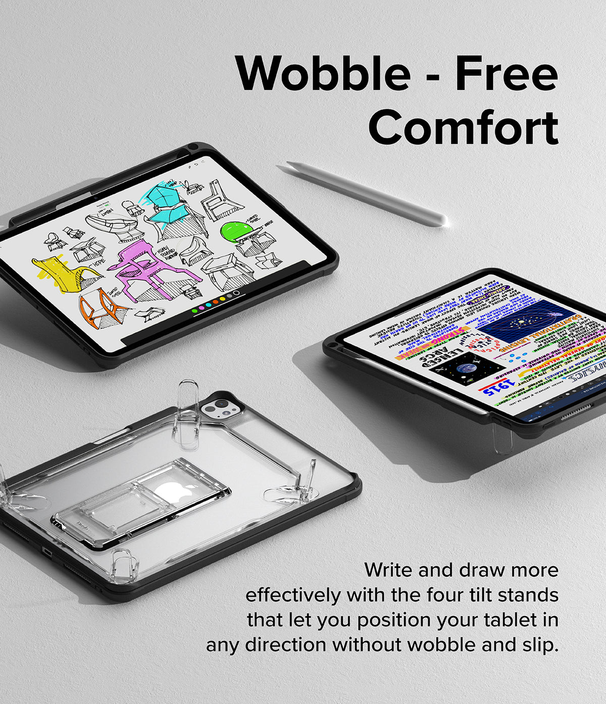 Fusion Sketch Stand | iPad - Three iPads with clear cases and integrated kickstands displayed on a light surface with a stylus.