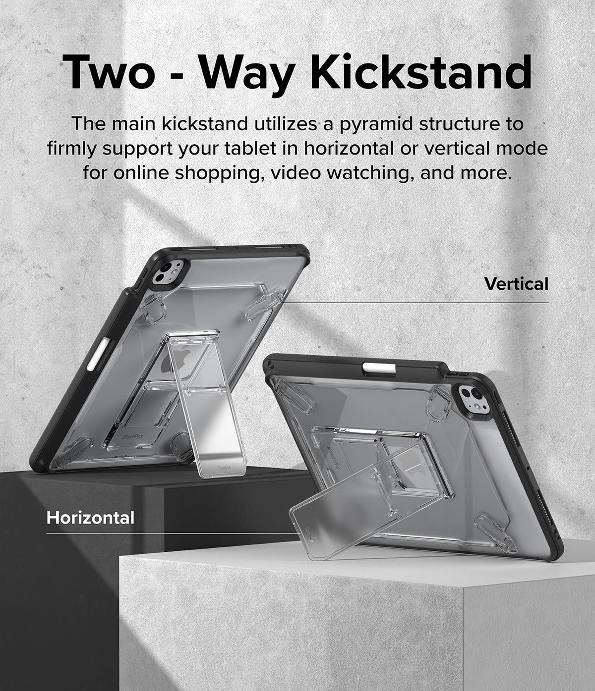 Fusion Sketch Stand | iPad - Two tablets in clear cases with pyramid kickstands shown in vertical and horizontal orientations.