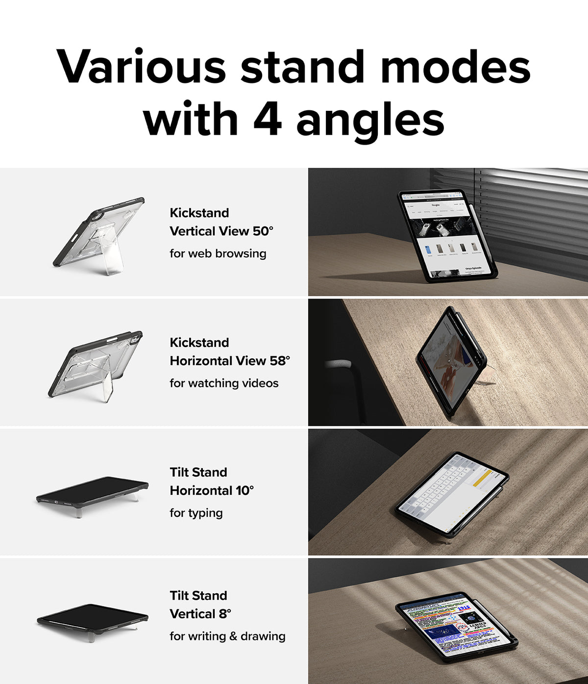 Fusion Sketch Stand | iPad - Four iPad stand modes showing vertical and horizontal viewing and typing angles on a desk.