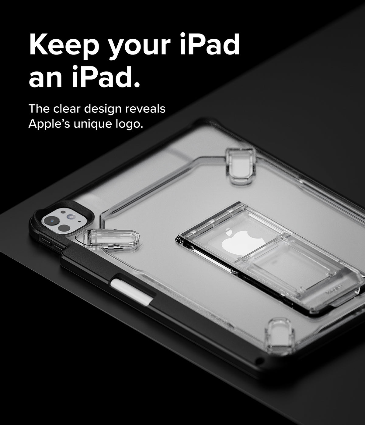 Fusion Sketch Stand | iPad - Clear iPad case with integrated kickstand showing the Apple logo on a black background.