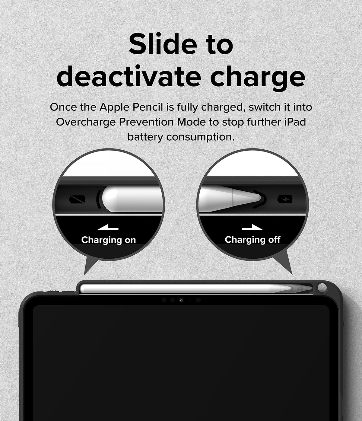 Fusion Sketch Stand | iPad - Diagram showing how to slide the Apple Pencil to toggle charging on or off on an iPad.