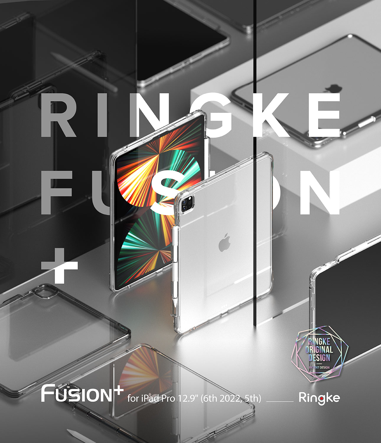 Fusion Plus | iPad - Clear protective case for iPad Pro 12.9 displayed from multiple angles on a reflective gray surface.