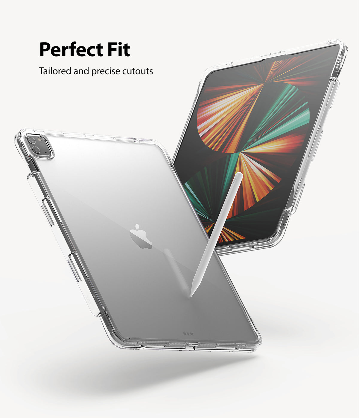 Fusion Plus | iPad - Clear iPad case with precise cutouts, shown from front and back angles with an Apple Pencil.