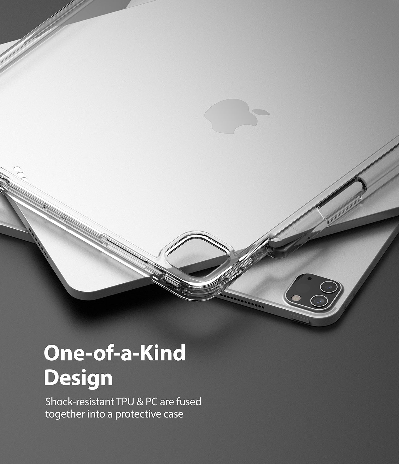 Fusion Plus | iPad - Clear protective case on a silver iPad, highlighting shock-resistant TPU and PC materials.