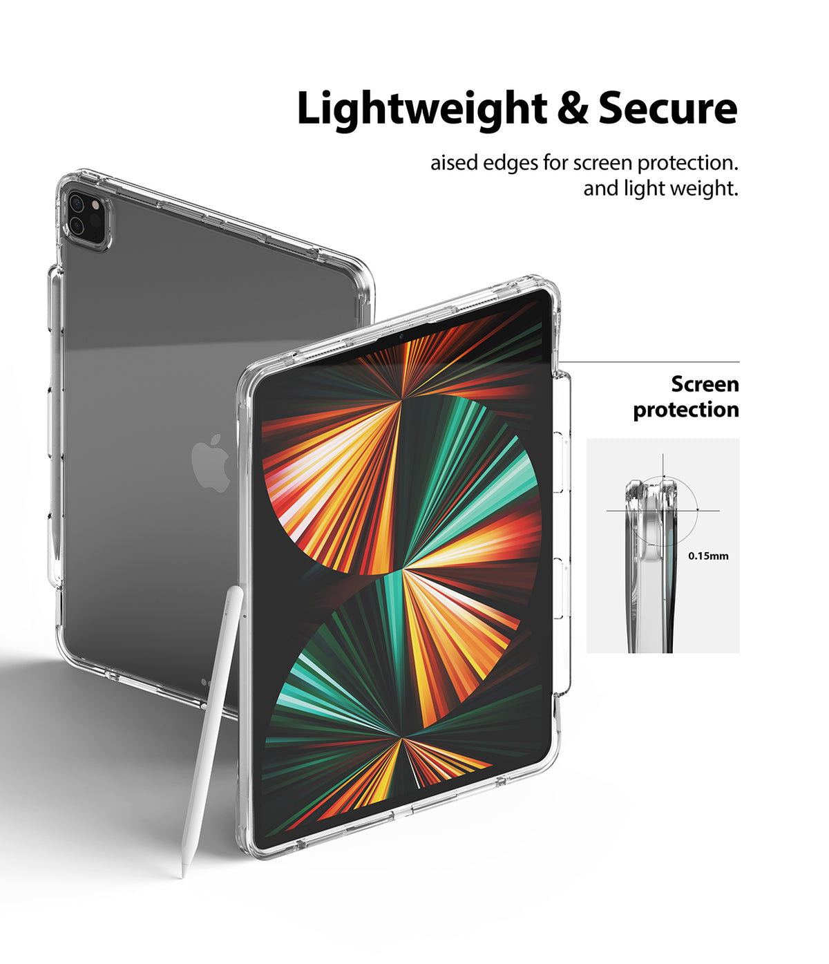 Fusion Plus | iPad - Clear protective case on an iPad with a stylus, highlighting raised edges for screen protection.