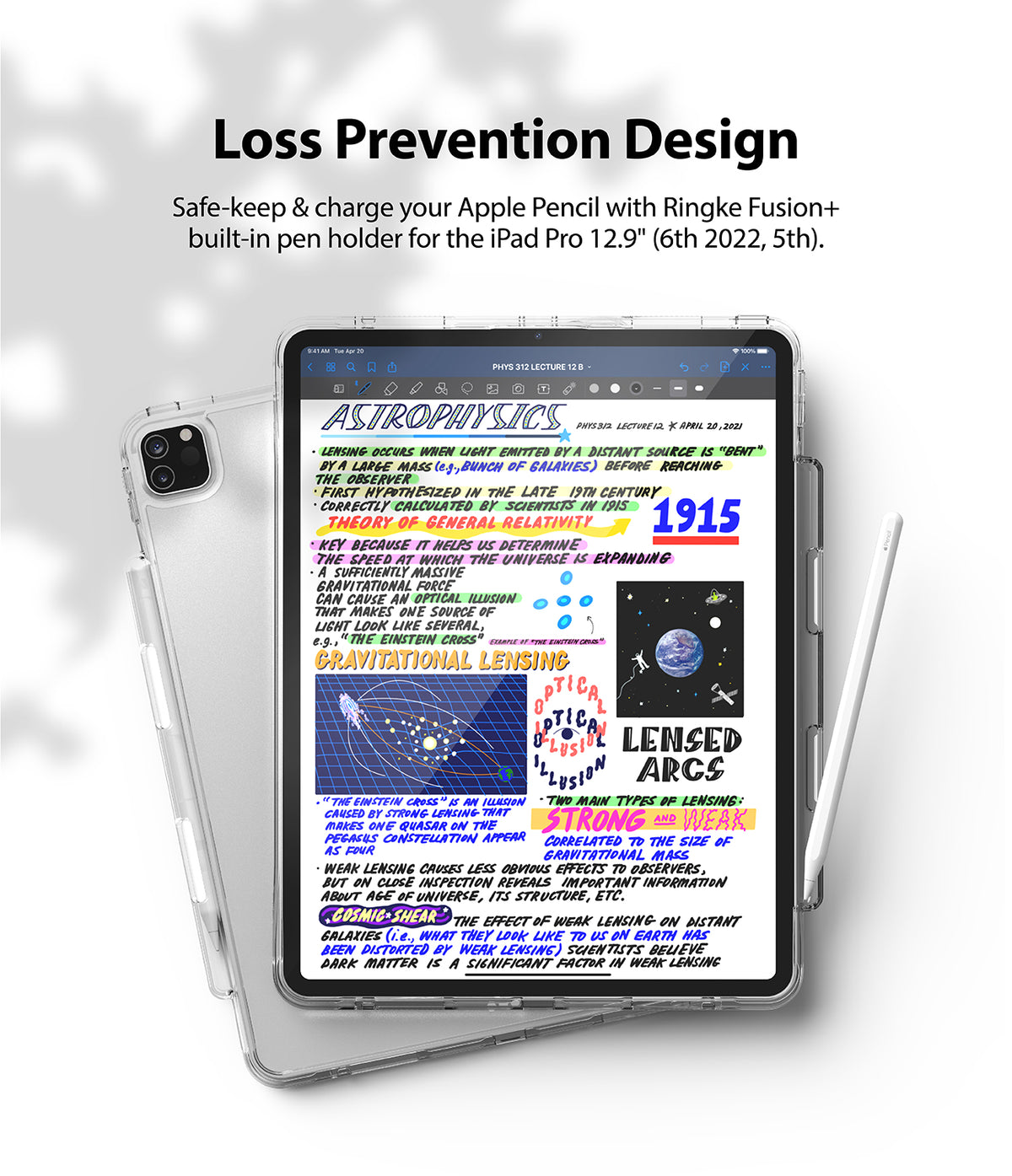 Fusion Plus | iPad - Clear iPad Pro case with a built-in Apple Pencil holder, displaying handwritten astrophysics notes.