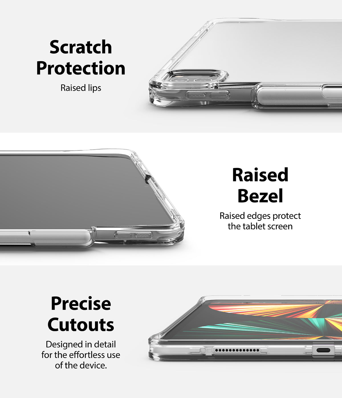Fusion Plus | iPad - Clear iPad case showing raised lips, screen-protecting bezels, and precise port cutouts.