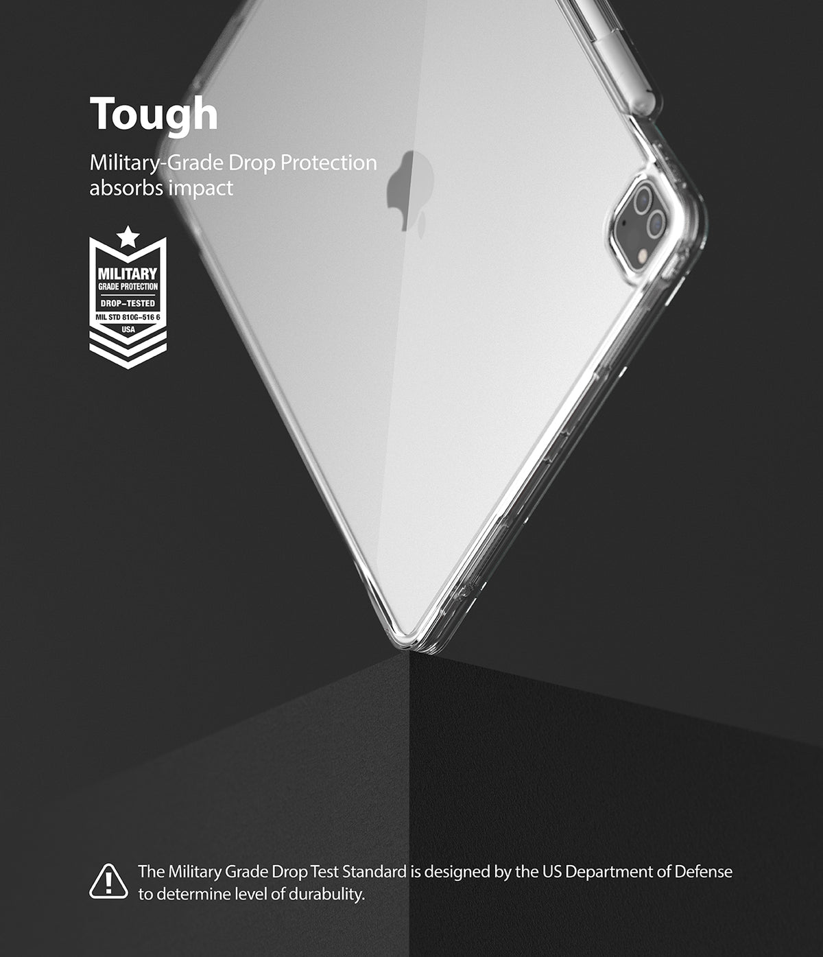 Fusion Plus | iPad - Clear iPad case with military-grade drop protection badge against a dark background.