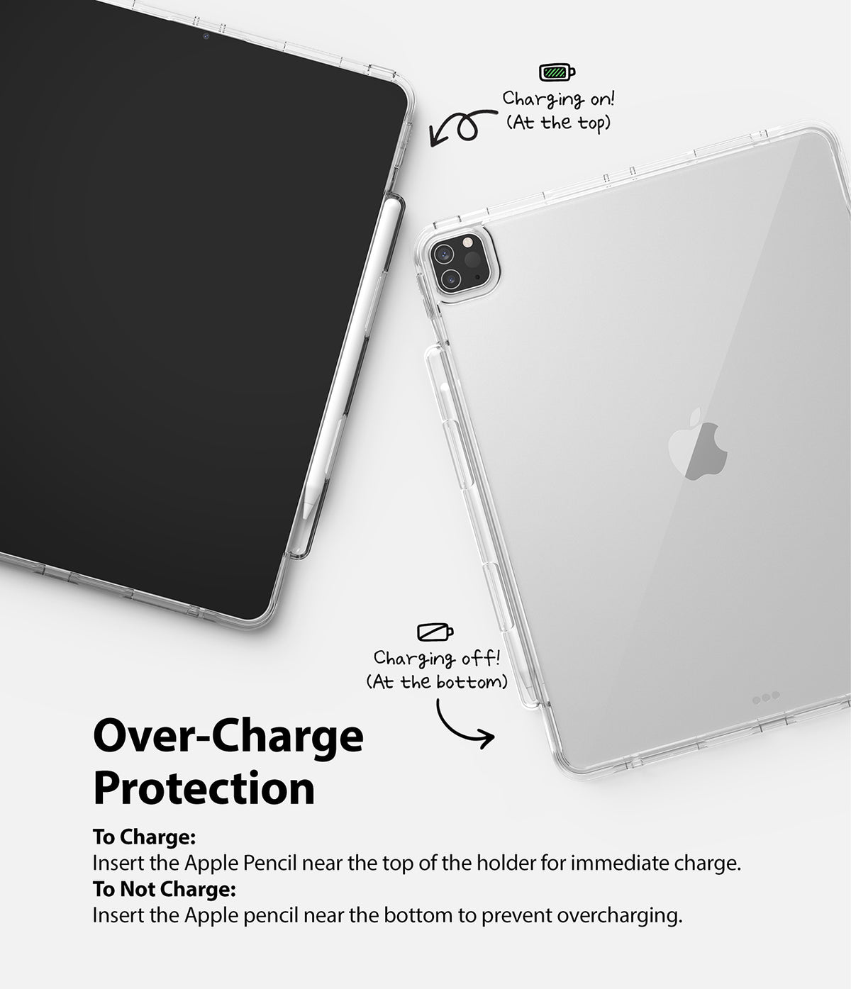 Fusion Plus | iPad - Clear iPad case showing Apple Pencil charging positions at the top and non-charging position at the bottom.