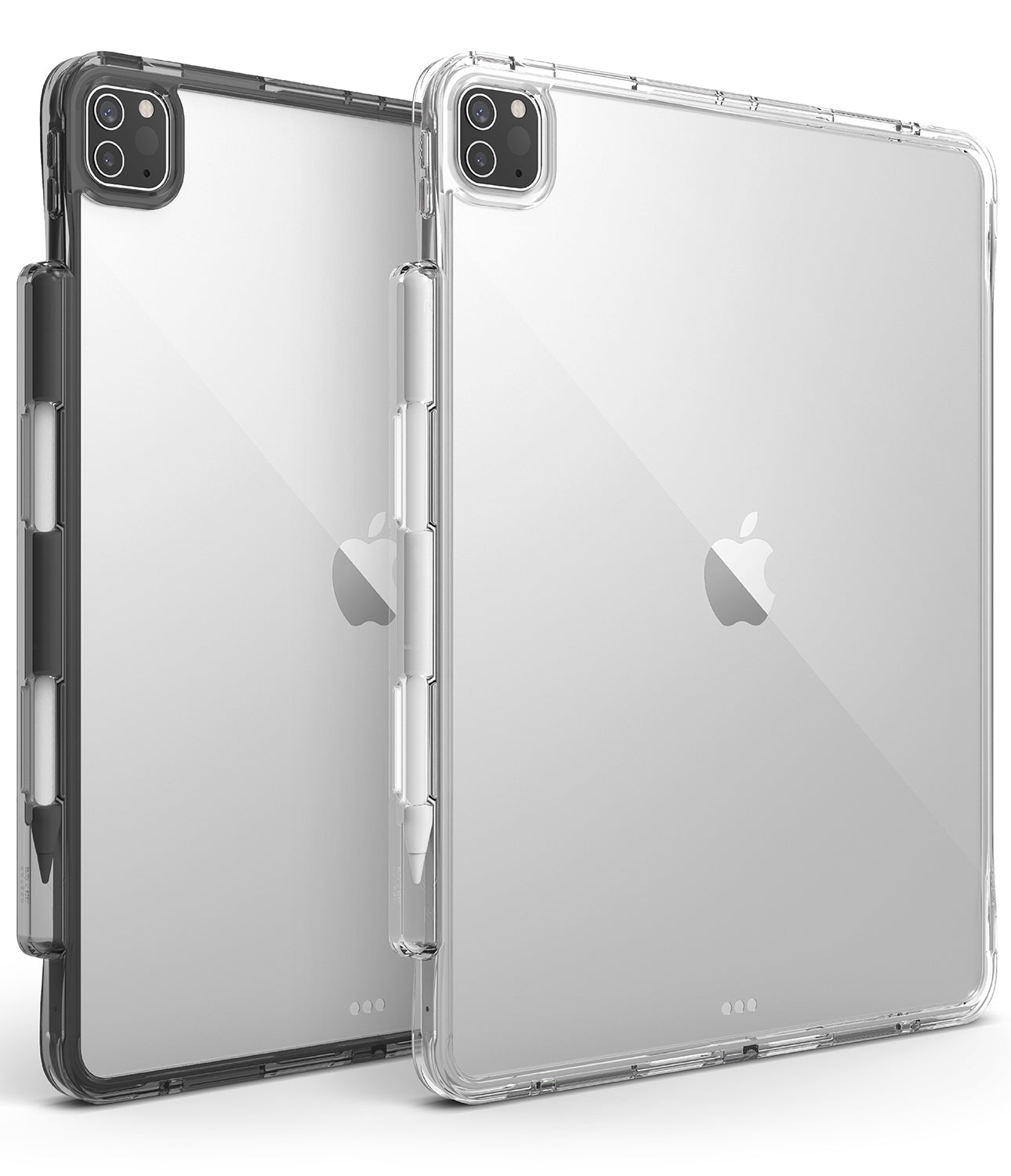 Fusion Plus | iPad - Two clear iPad cases, one black and one transparent, showing rear camera cutouts and stylus storage slots.