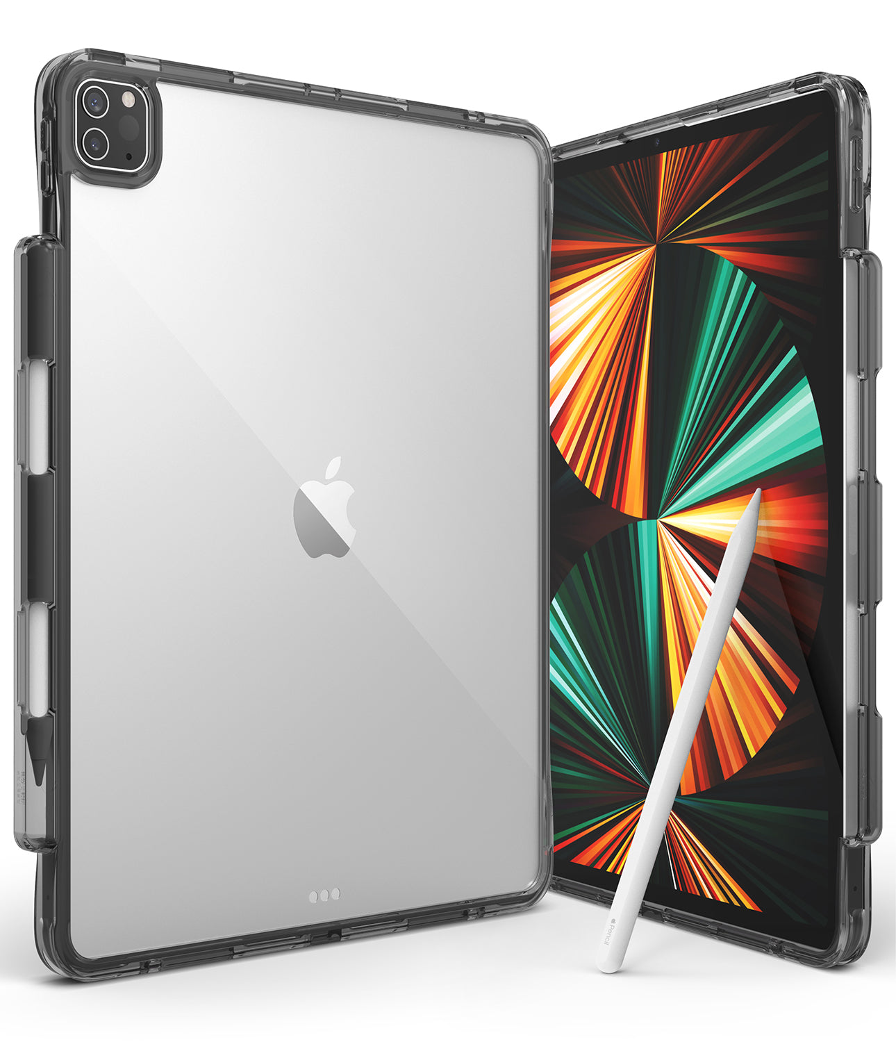 Fusion Plus | iPad - Clear protective case on an iPad with a colorful abstract screen and a white stylus pen.