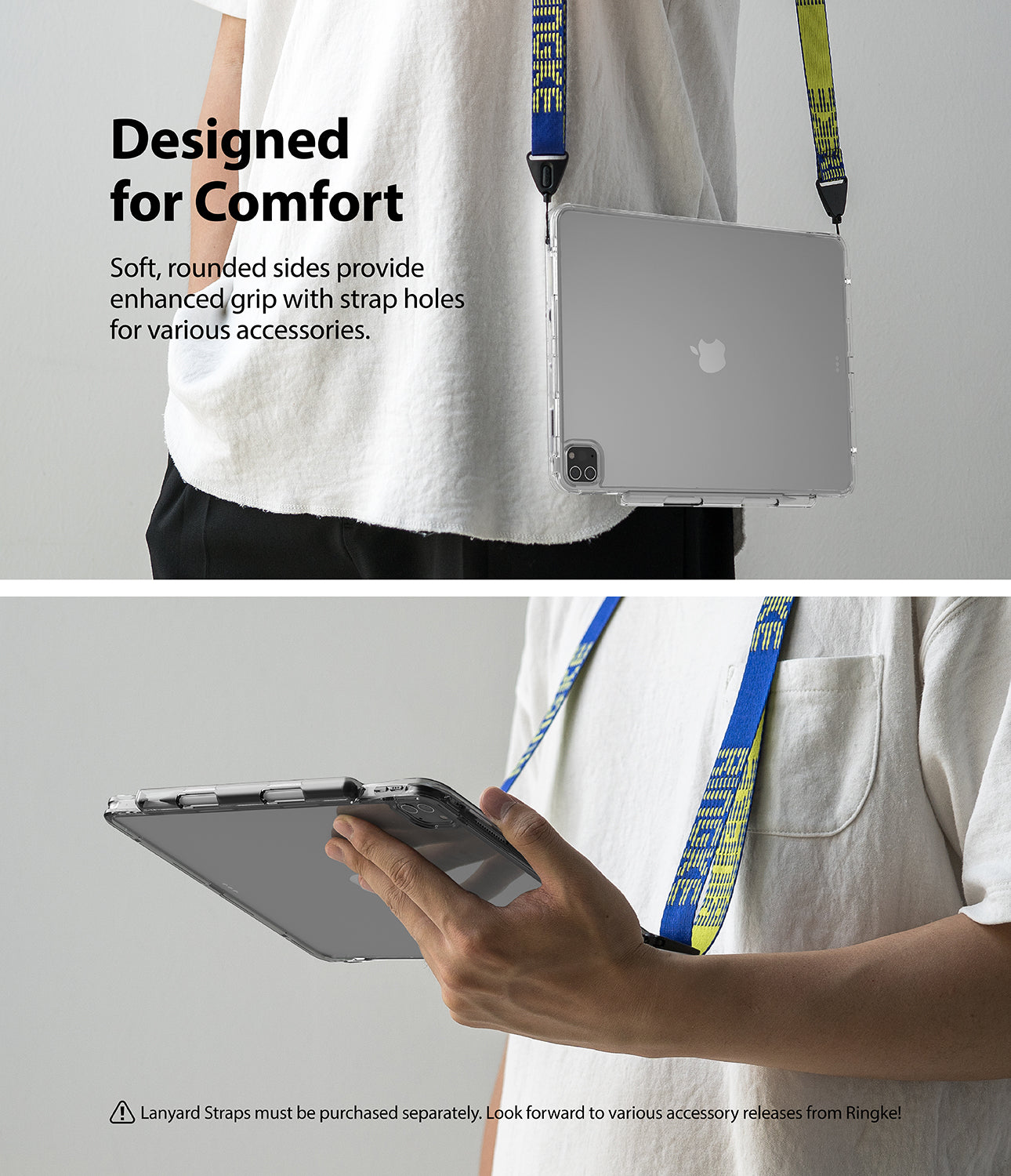Fusion Plus | iPad - A clear iPad case with strap holes worn around the neck and held by hand using a branded lanyard.