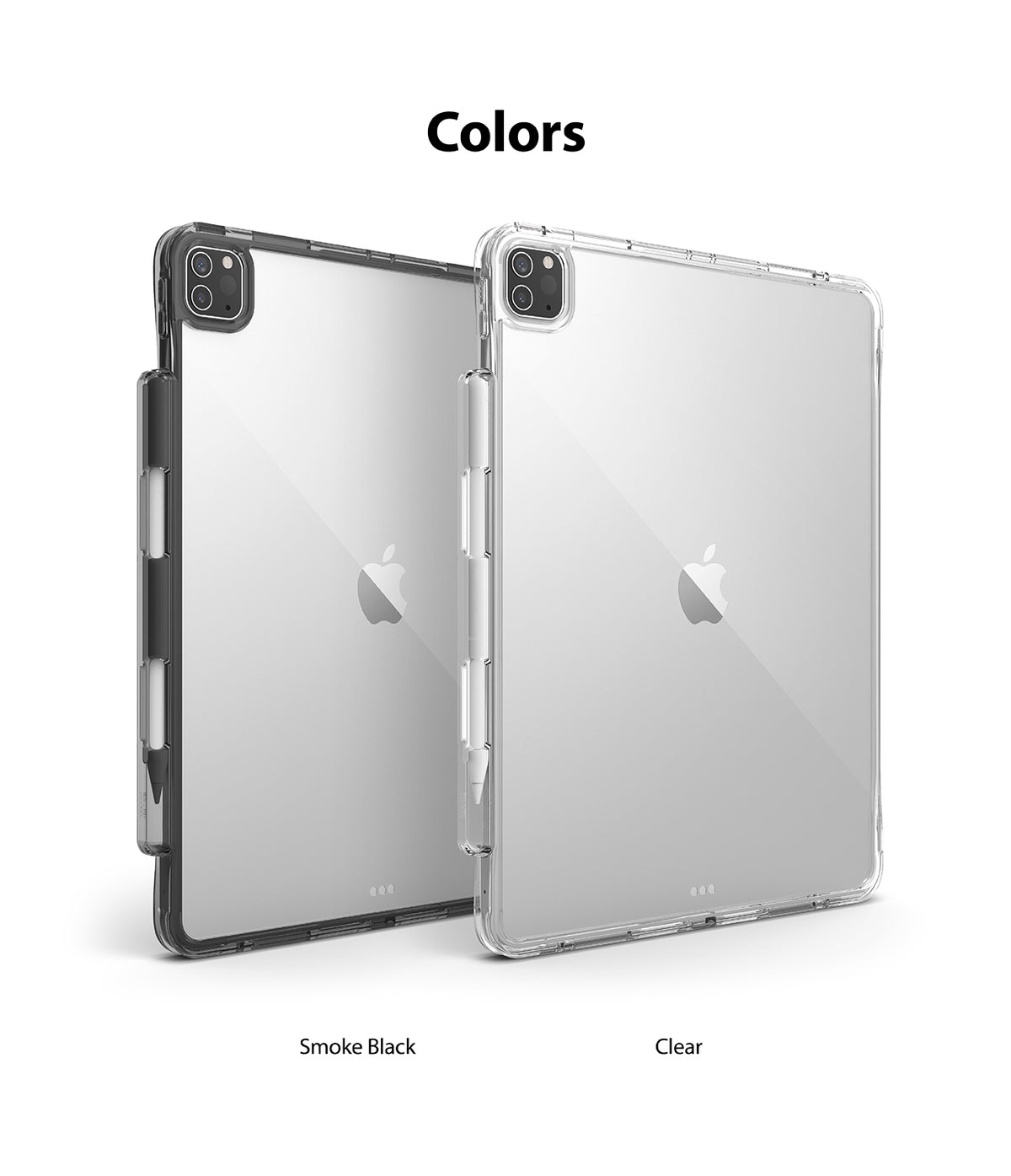 Fusion Plus | iPad - Two iPads in smoke black and clear protective cases with stylus holders, displayed against a white background.