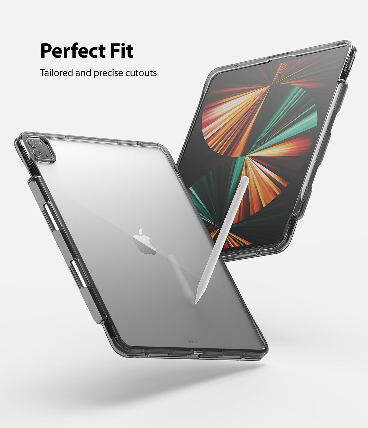 Fusion Plus | iPad - Clear protective case on an iPad with precise cutouts and an Apple Pencil attached.
