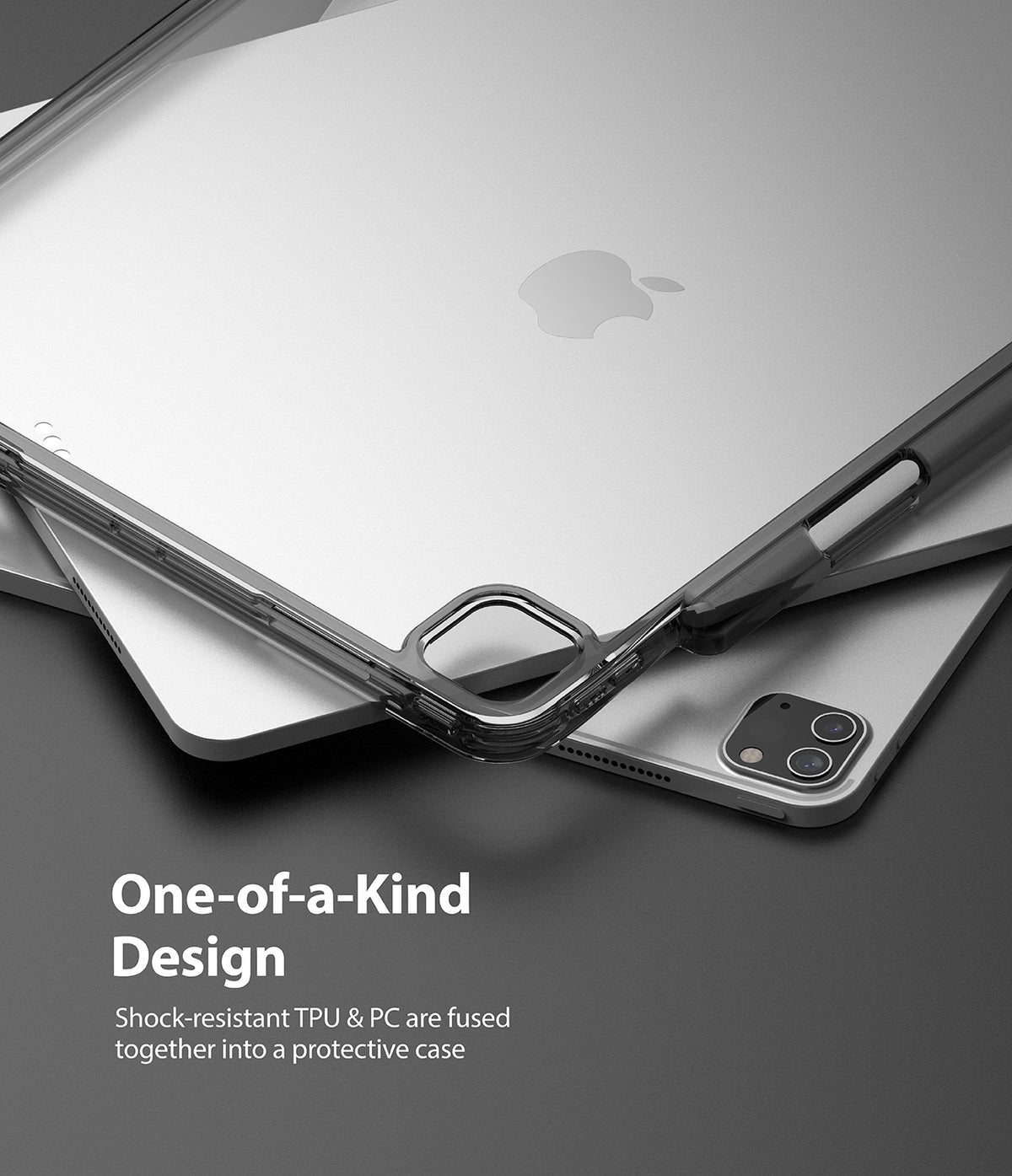 Fusion Plus | iPad - A silver iPad inside a transparent, shock-resistant protective case with a camera cutout and stylus slot.