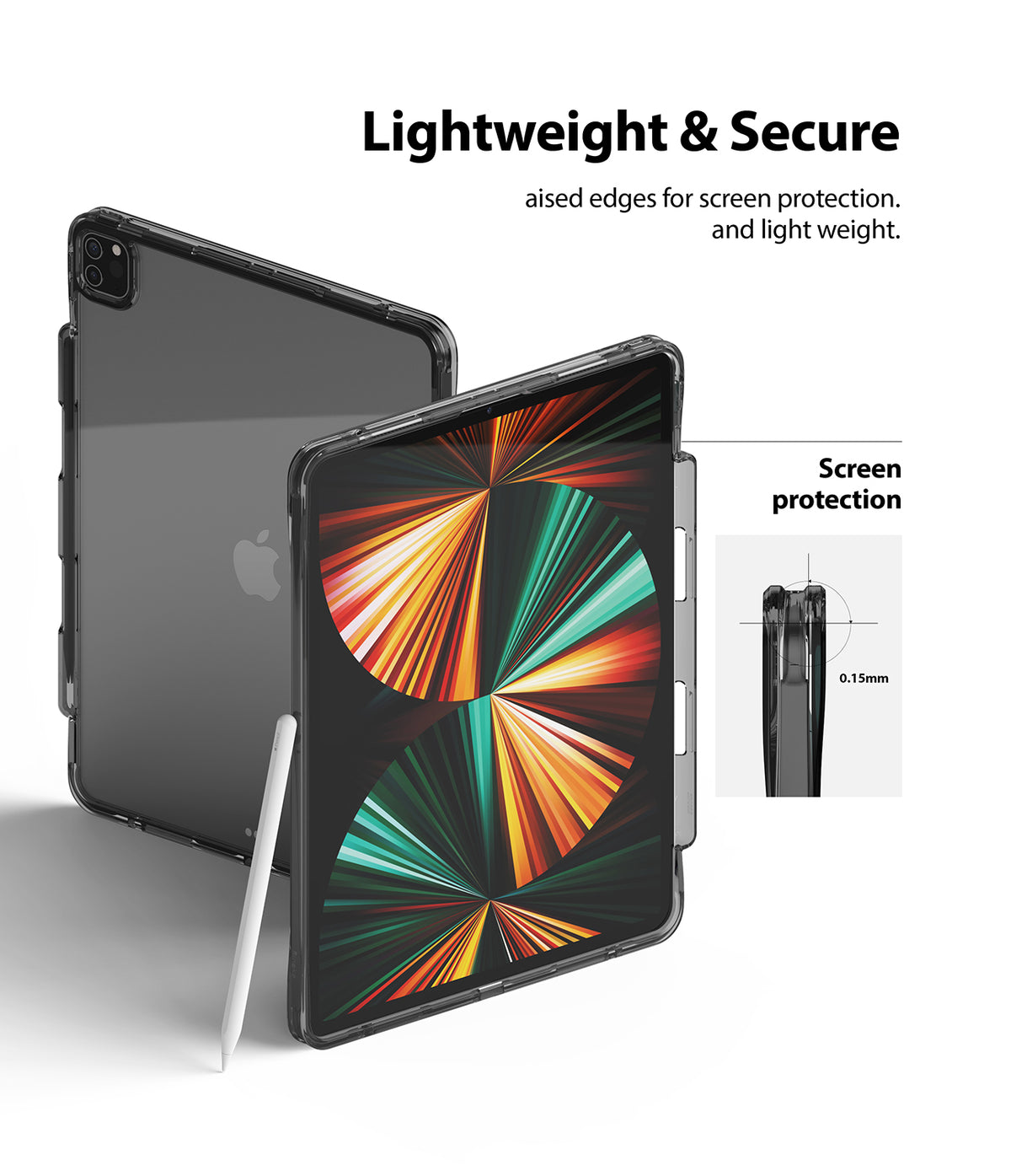 Fusion Plus | iPad - Clear protective case for iPad with raised edges, stylus holder, and detailed screen protection diagram.