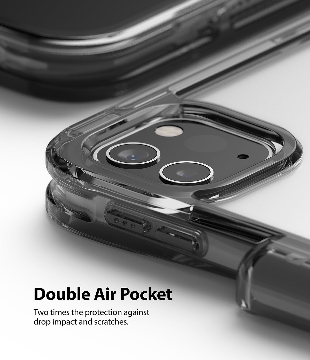 Fusion Plus | iPad - Close-up of a clear protective case corner highlighting double air pocket design around the camera module.