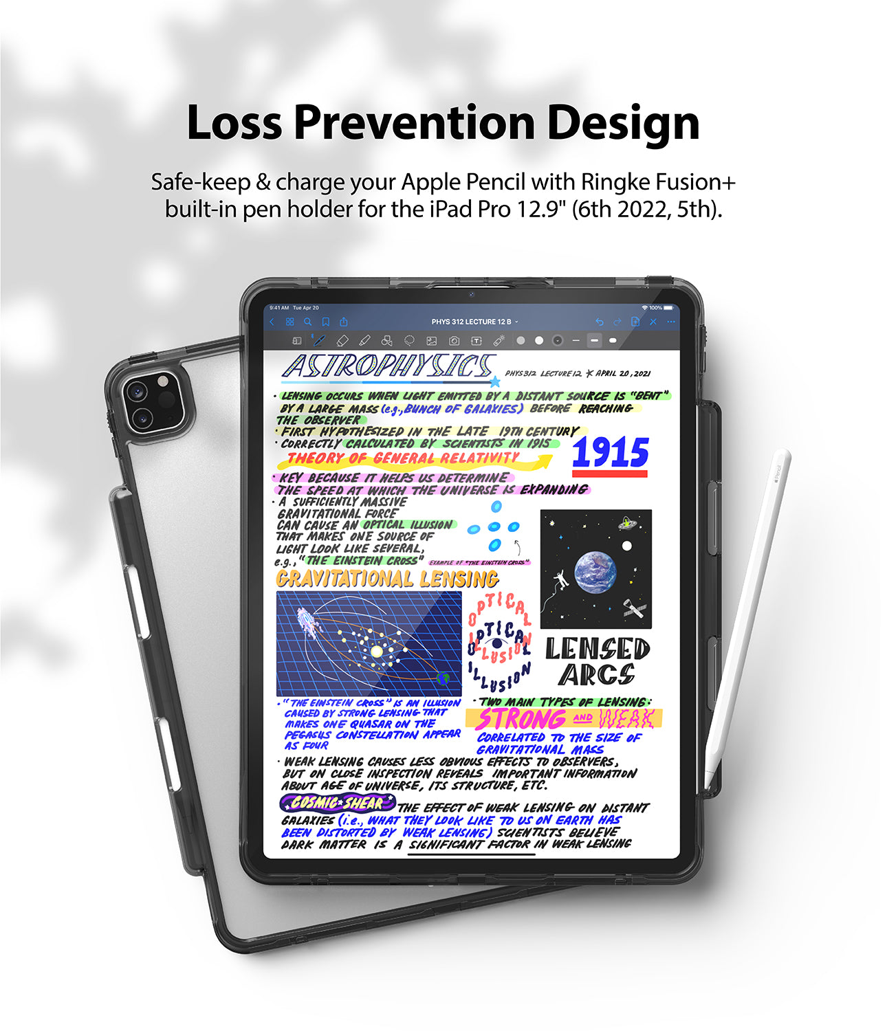 Fusion Plus | iPad - iPad Pro 12.9 case with built-in Apple Pencil holder, displaying handwritten astrophysics notes.