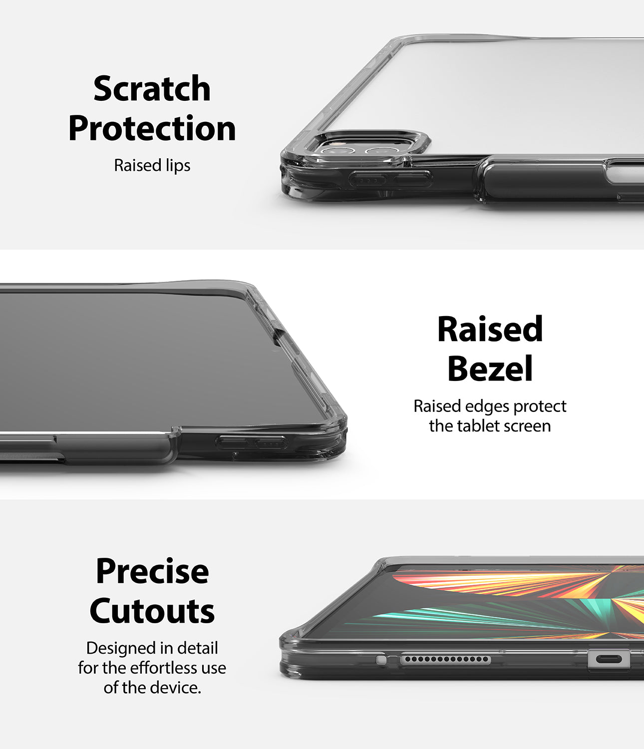 Fusion Plus | iPad - Close-ups of a clear iPad case highlighting raised lips, protective bezels, and precise port cutouts.
