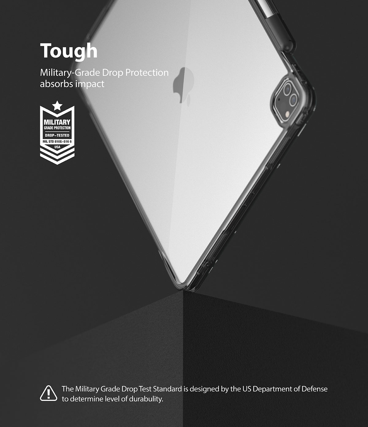 Fusion Plus | iPad - Clear iPad case balanced on a corner, highlighting military-grade drop protection and durability.