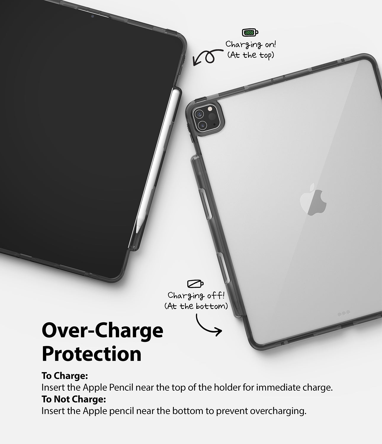 Fusion Plus | iPad - Diagram showing Apple Pencil charging positions in an iPad case for over-charge protection.