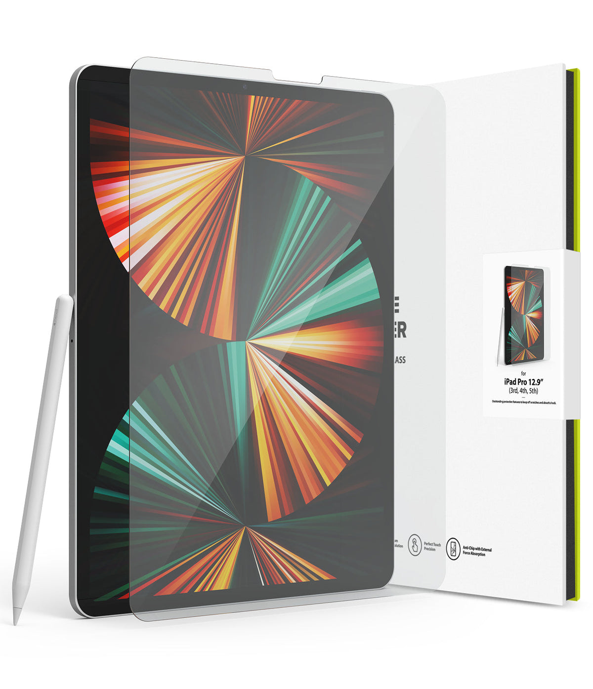 Invisible Defender Glass | iPad - Tempered glass screen protector hovering over an iPad Pro with a stylus nearby and product packaging.