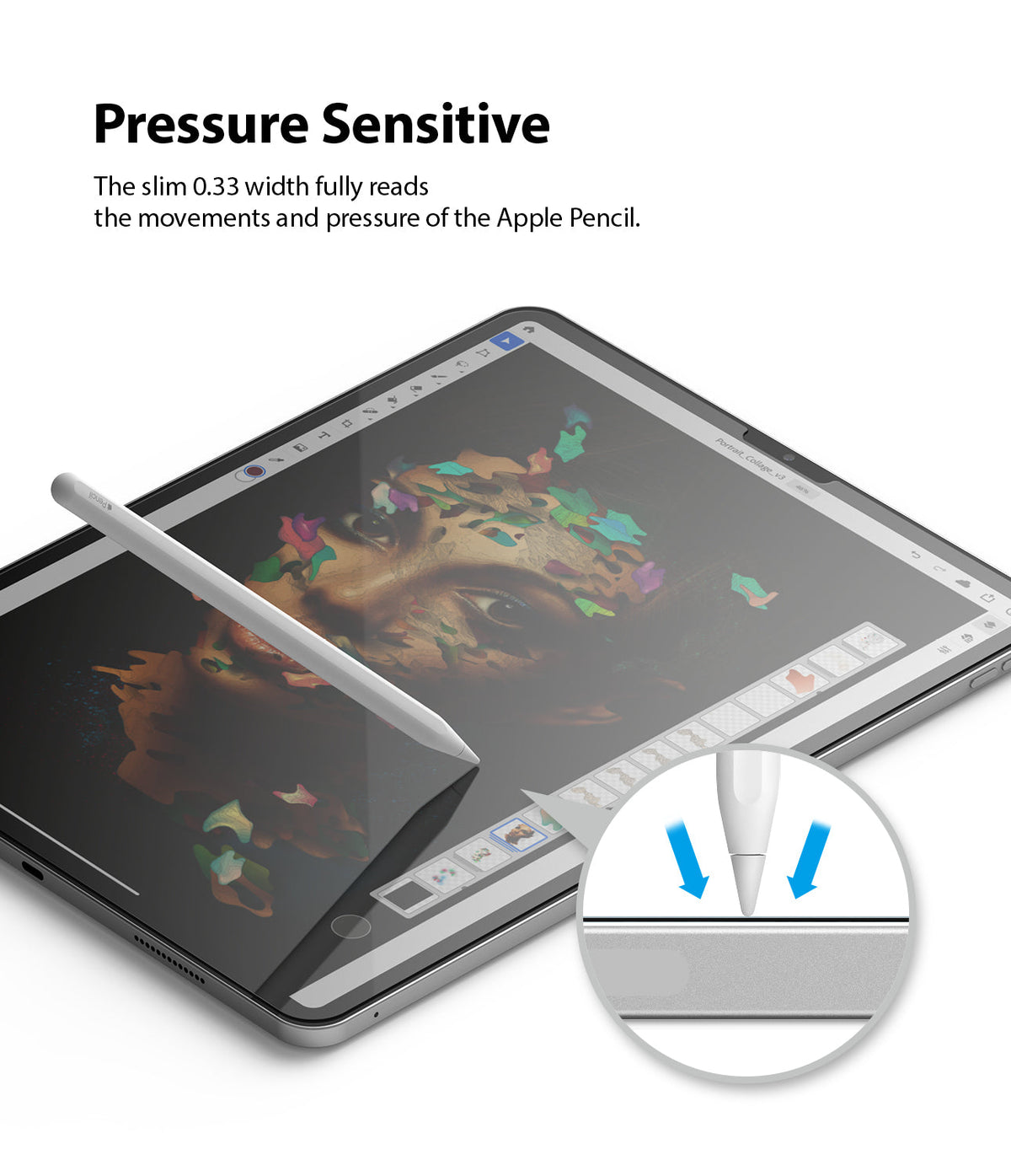 Invisible Defender Glass | iPad - Apple Pencil drawing on iPad screen with a magnified view showing pressure sensitivity.