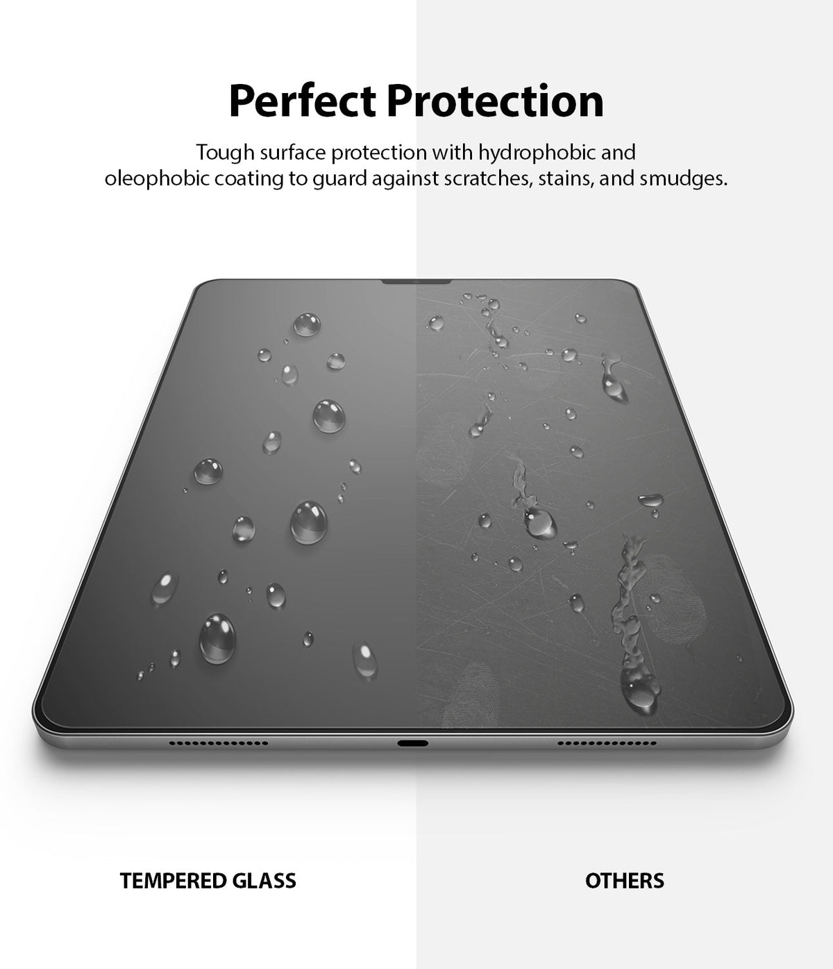 Invisible Defender Glass | iPad - Split screen comparing water beading on tempered glass versus smudges on a standard screen.