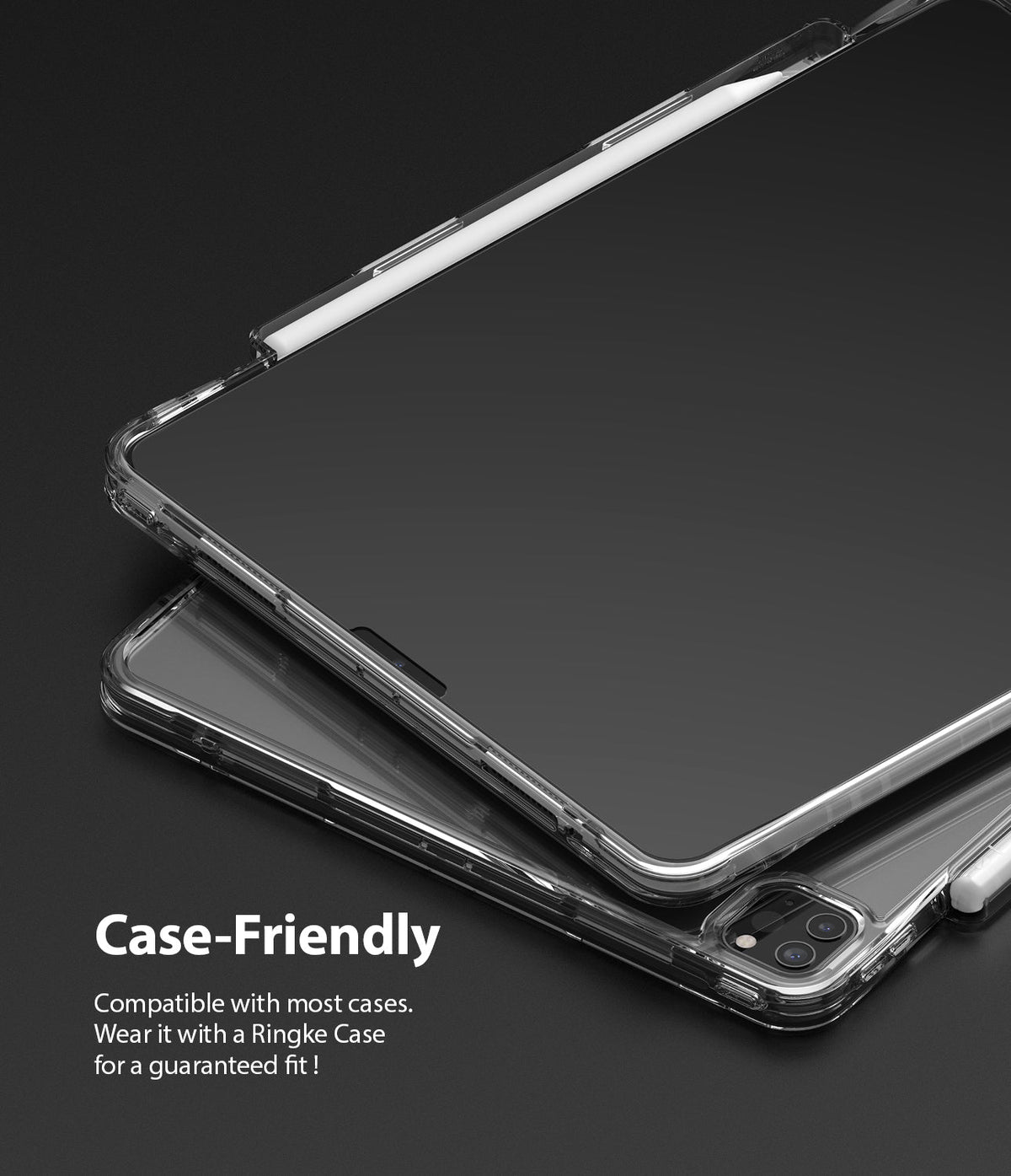Invisible Defender Glass | iPad - iPad with screen protector and clear case, showing a case-friendly fit with a stylus.