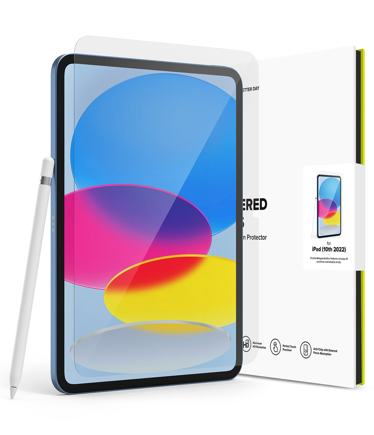 Tempered Glass | iPad - iPad with a glass screen protector being applied, next to a stylus and product packaging.
