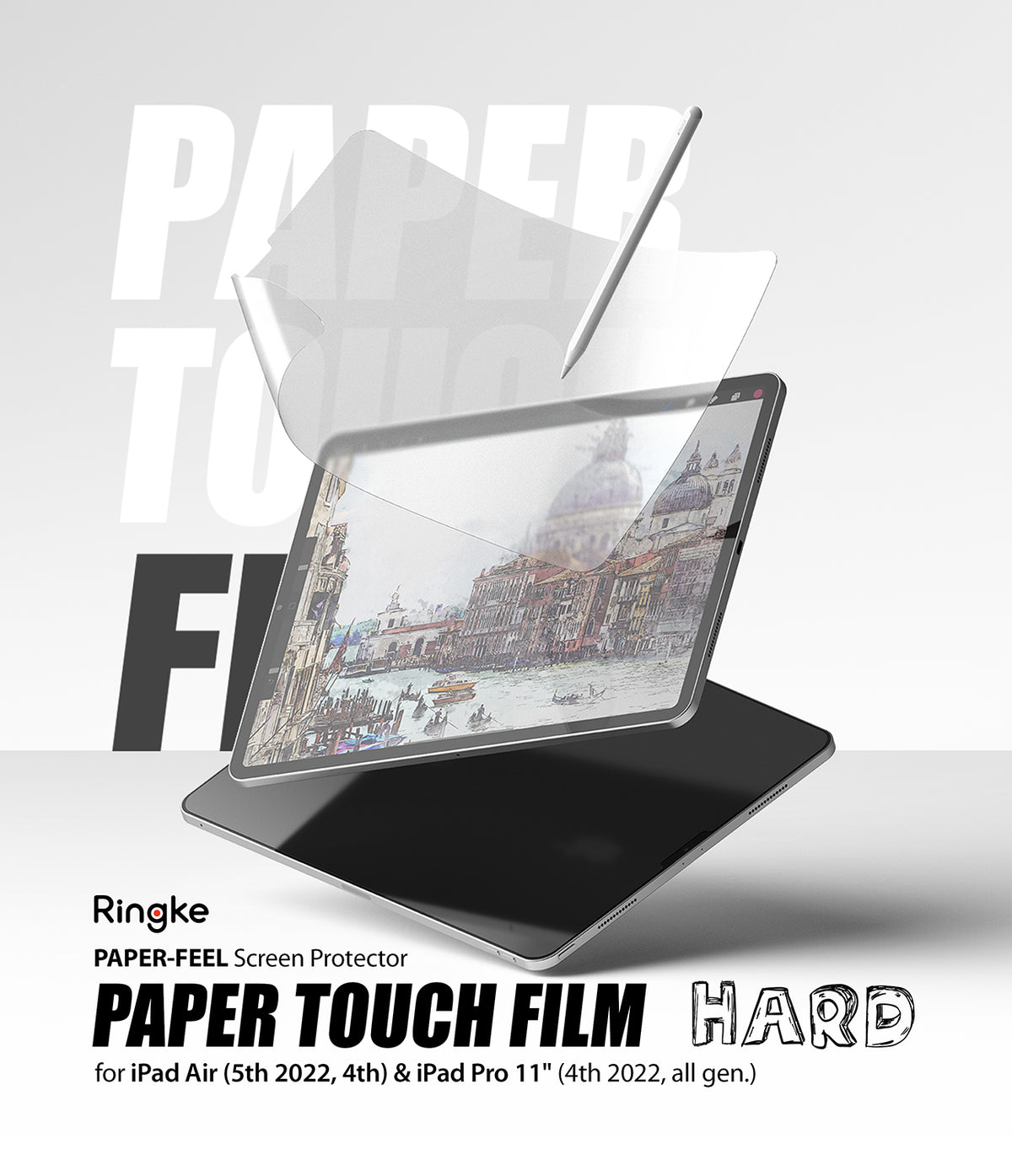 Paper Touch Film Hard | iPad - iPad screen protector being applied to a tablet with a stylus, displaying a Venice sketch.