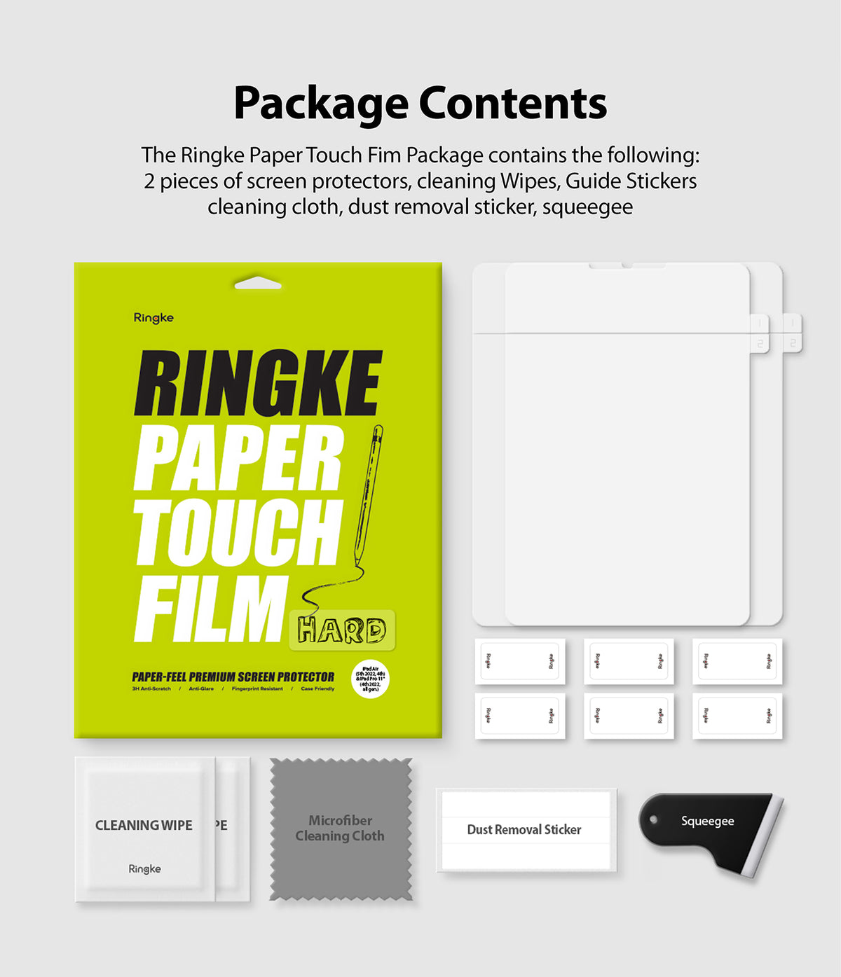 Paper Touch Film Hard | iPad - Package contents including two screen protectors, cleaning wipes, guide stickers, cloth, and squeegee.