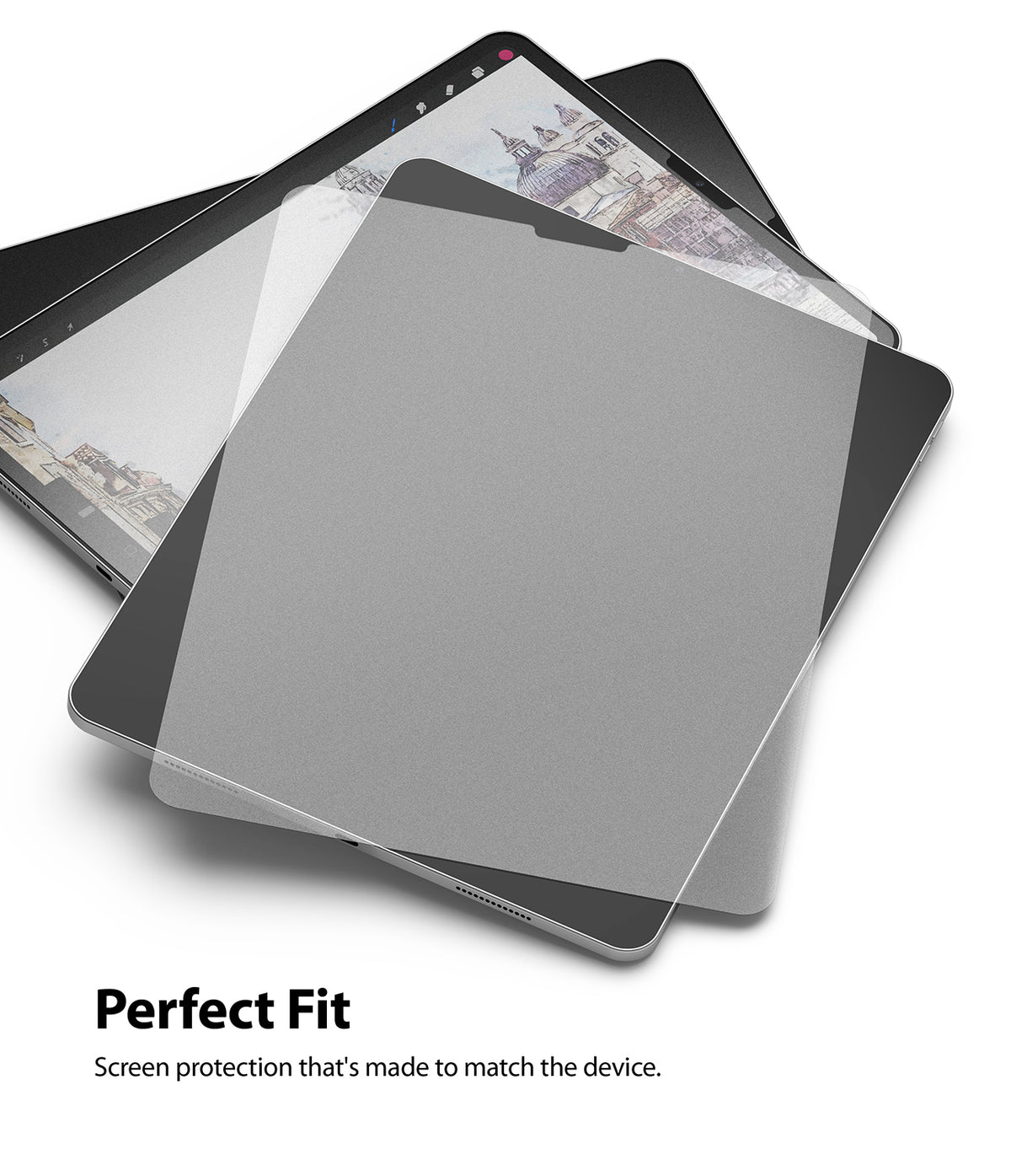 Paper Touch Film Hard | iPad - Matte screen protector hovering over an iPad displaying a digital architectural sketch.