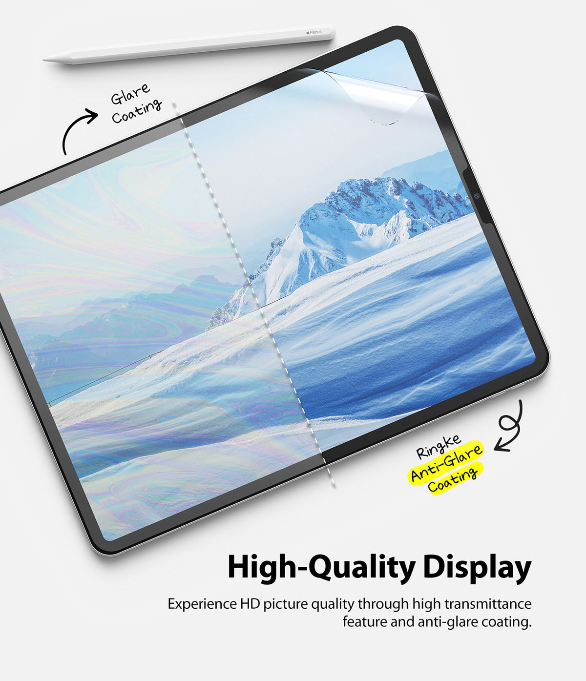 Paper Touch Film Hard | iPad - iPad screen split to compare glare coating vs. Ringke anti-glare coating over a snowy mountain image.