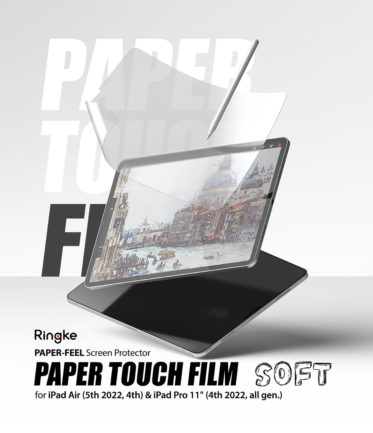 Paper Touch Film Soft | iPad - Matte screen protector film being applied to an iPad displaying a Venice watercolor sketch.