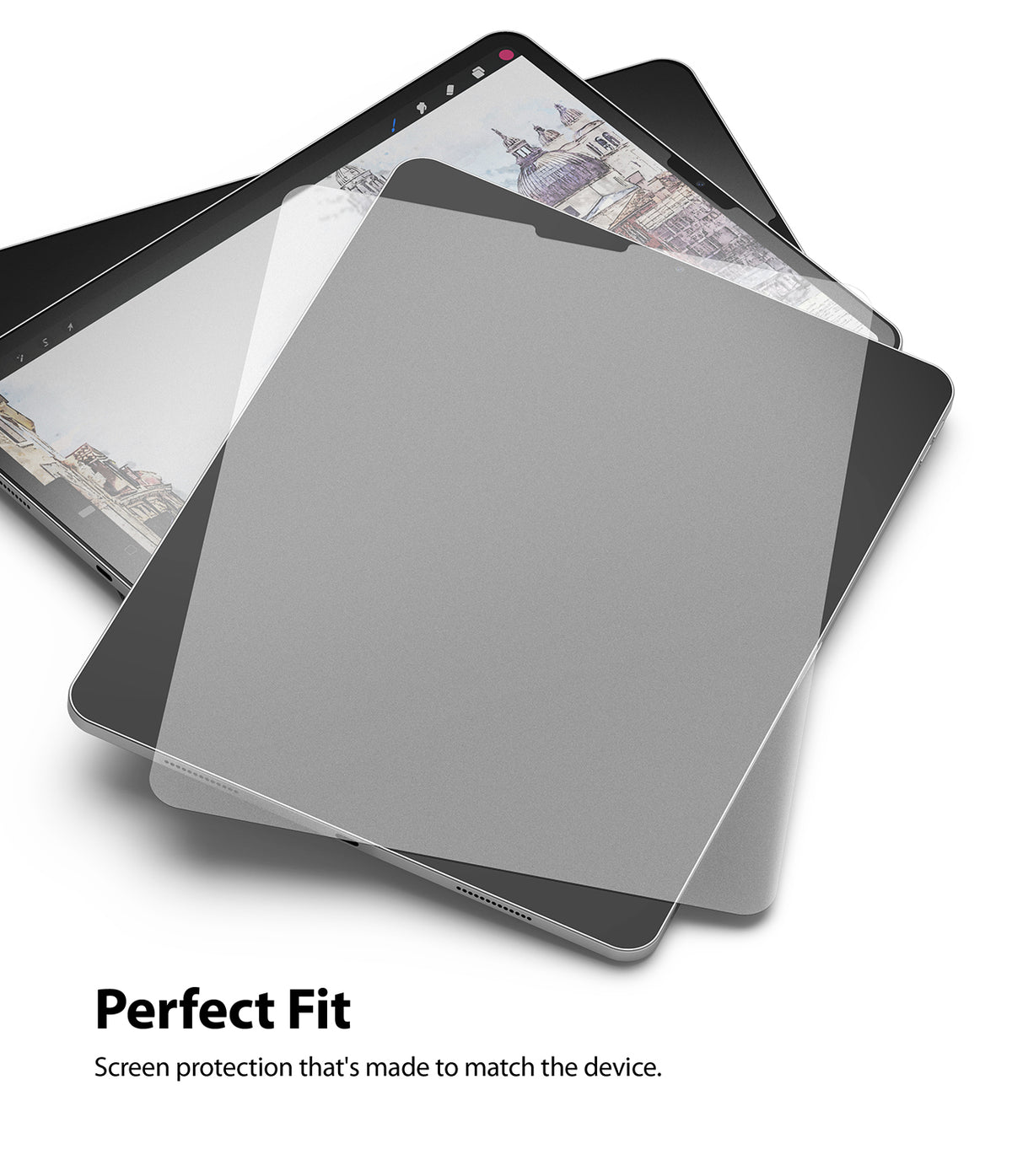 Paper Touch Film Soft | iPad - A matte screen protector film hovering above an iPad displaying a digital drawing.