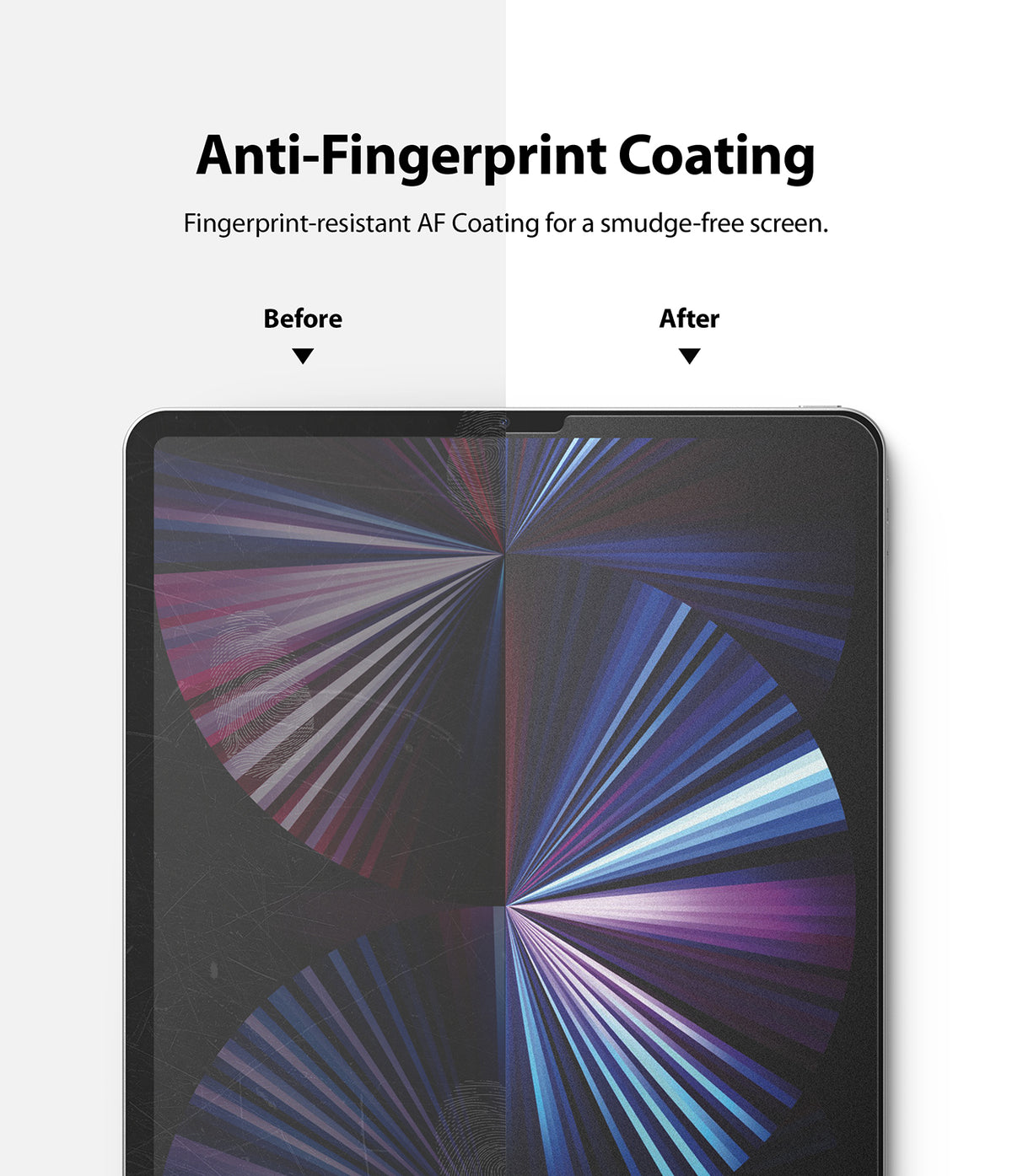 Paper Touch Film Soft | iPad - Split screen showing a smudged iPad display on the left and a clean, fingerprint-resistant screen on the right.