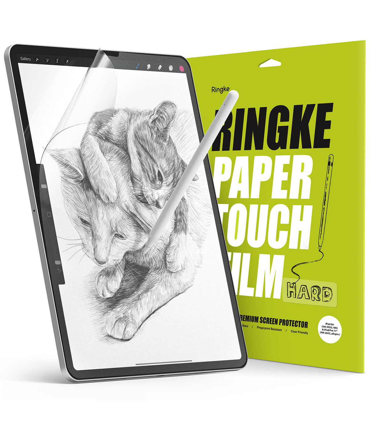 Paper Touch Film Hard | iPad - iPad screen protector being applied, showing a cat sketch on screen with a stylus.