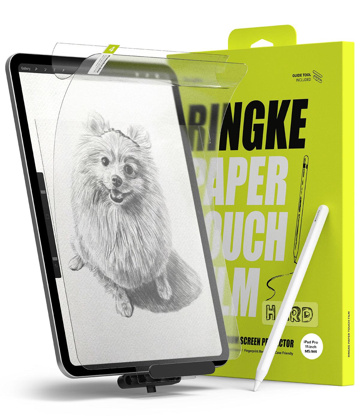 Paper Touch Film Hard | iPad - iPad screen protector being applied to a tablet displaying a pencil sketch of a dog next to packaging.