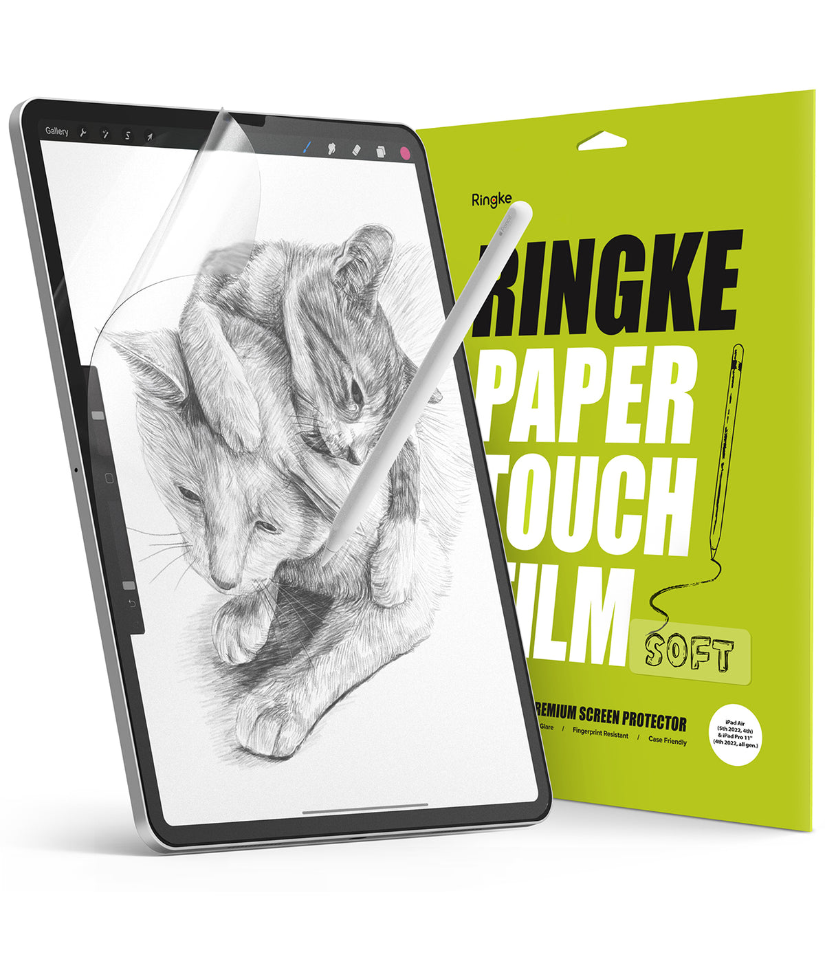 Paper Touch Film Soft | iPad - iPad screen protector being applied, showing a cat sketch and stylus next to its green packaging.