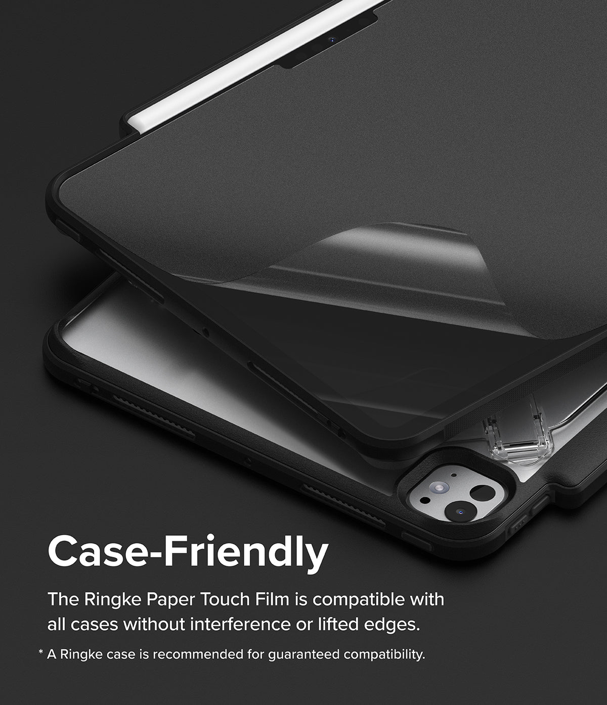 Paper Touch Film Soft | iPad - iPad screen protector being applied to a tablet inside a protective case on a dark background.