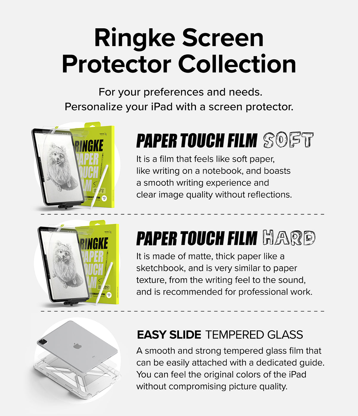 Paper Touch Film Soft | iPad - Comparison chart of Ringke iPad screen protectors including Paper Touch Soft, Hard, and Glass.