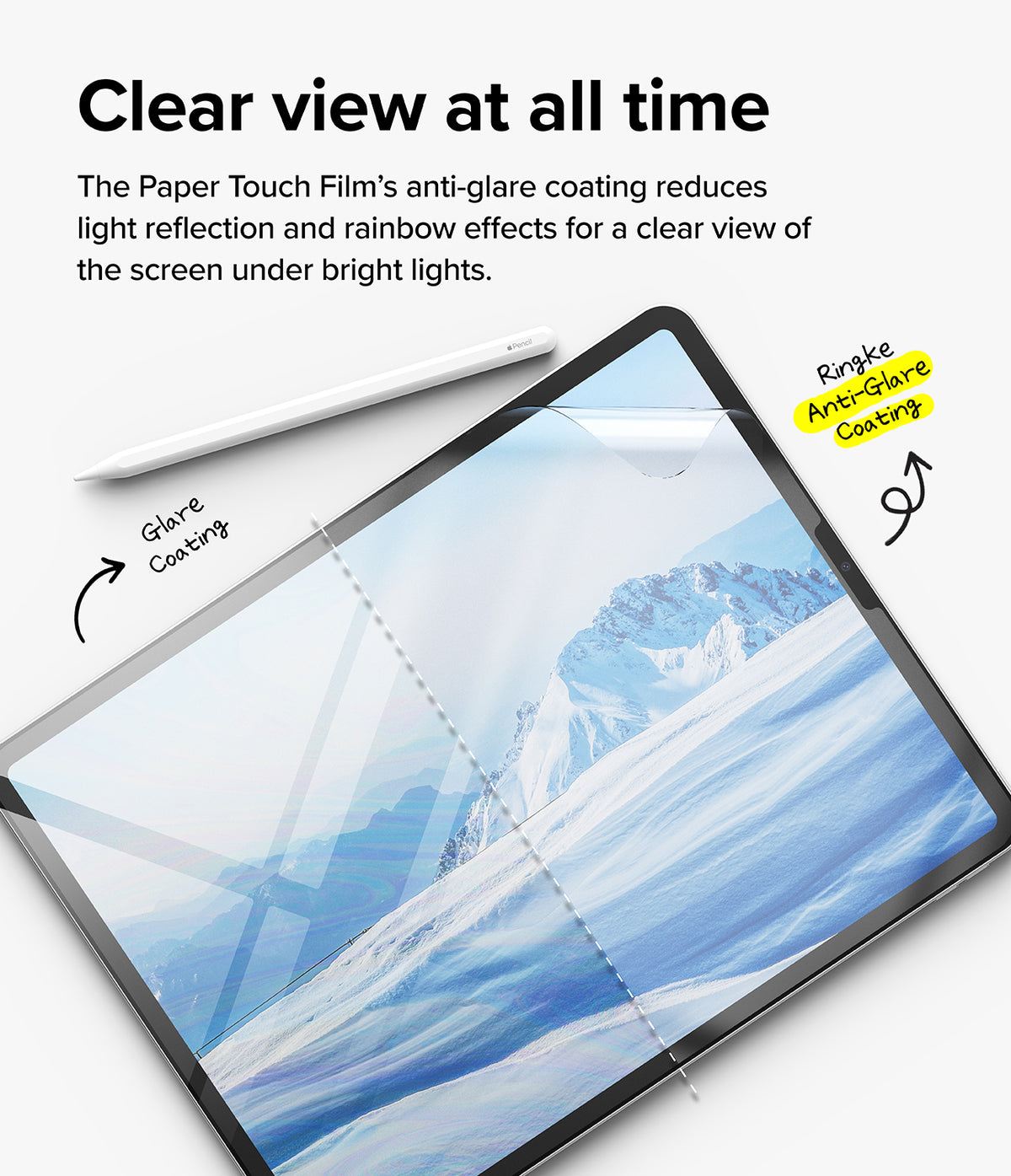Paper Touch Film Soft | iPad - Split screen showing a snowy mountain view with and without anti-glare coating and a stylus.