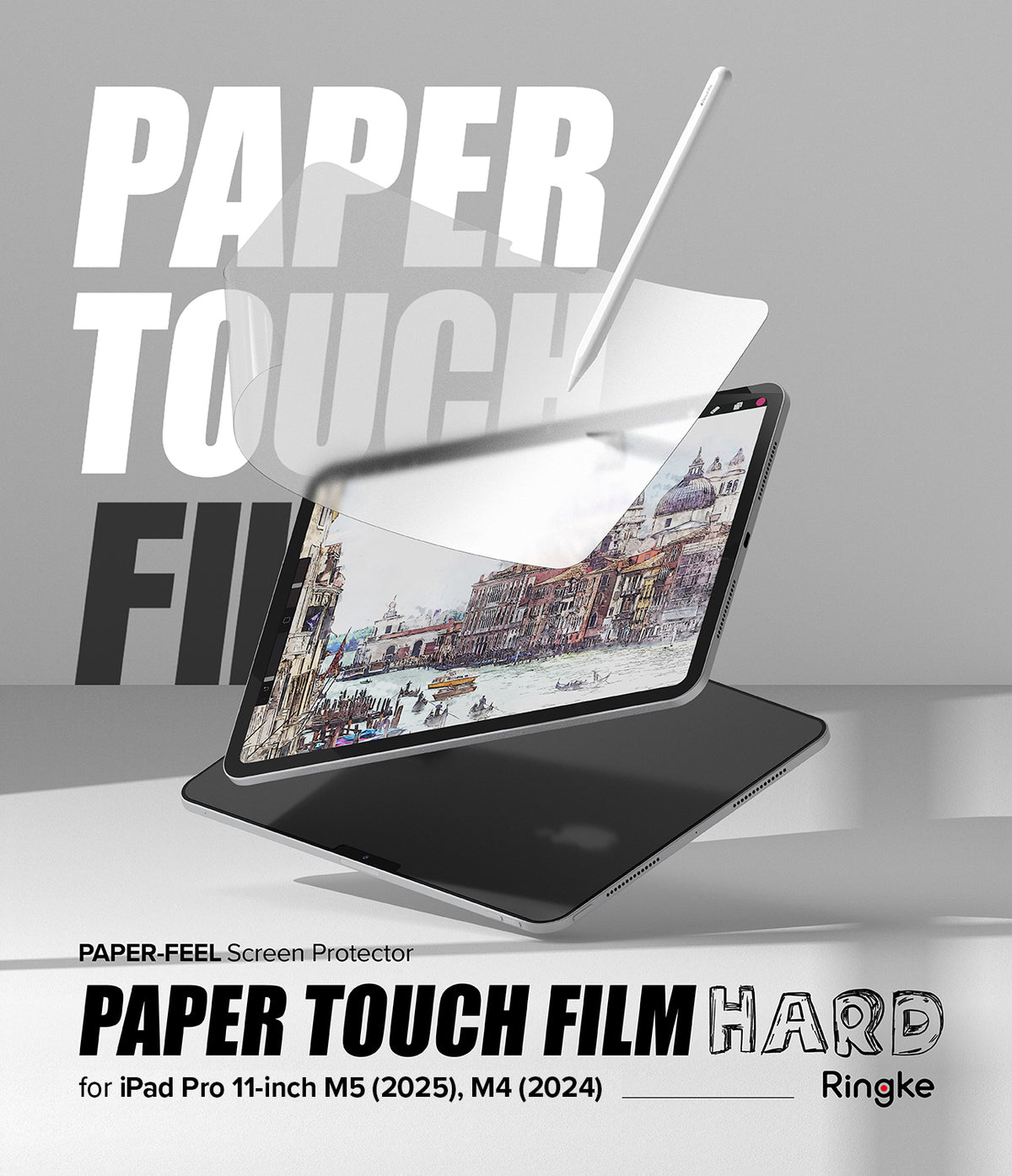 Paper Touch Film Hard | iPad - iPad Pro with a matte screen protector being applied by a stylus, showing a detailed watercolor art.