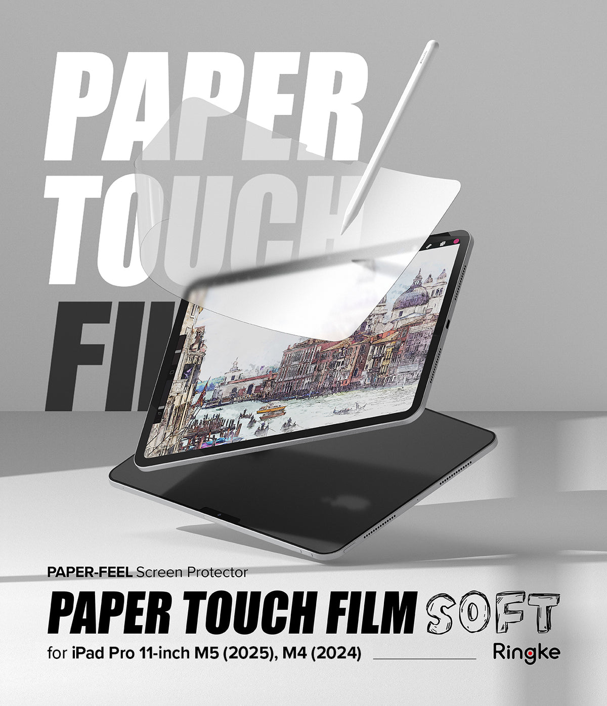Paper Touch Film Soft | iPad - iPad screen protector being applied to an iPad Pro with a stylus, showing a watercolor art display.