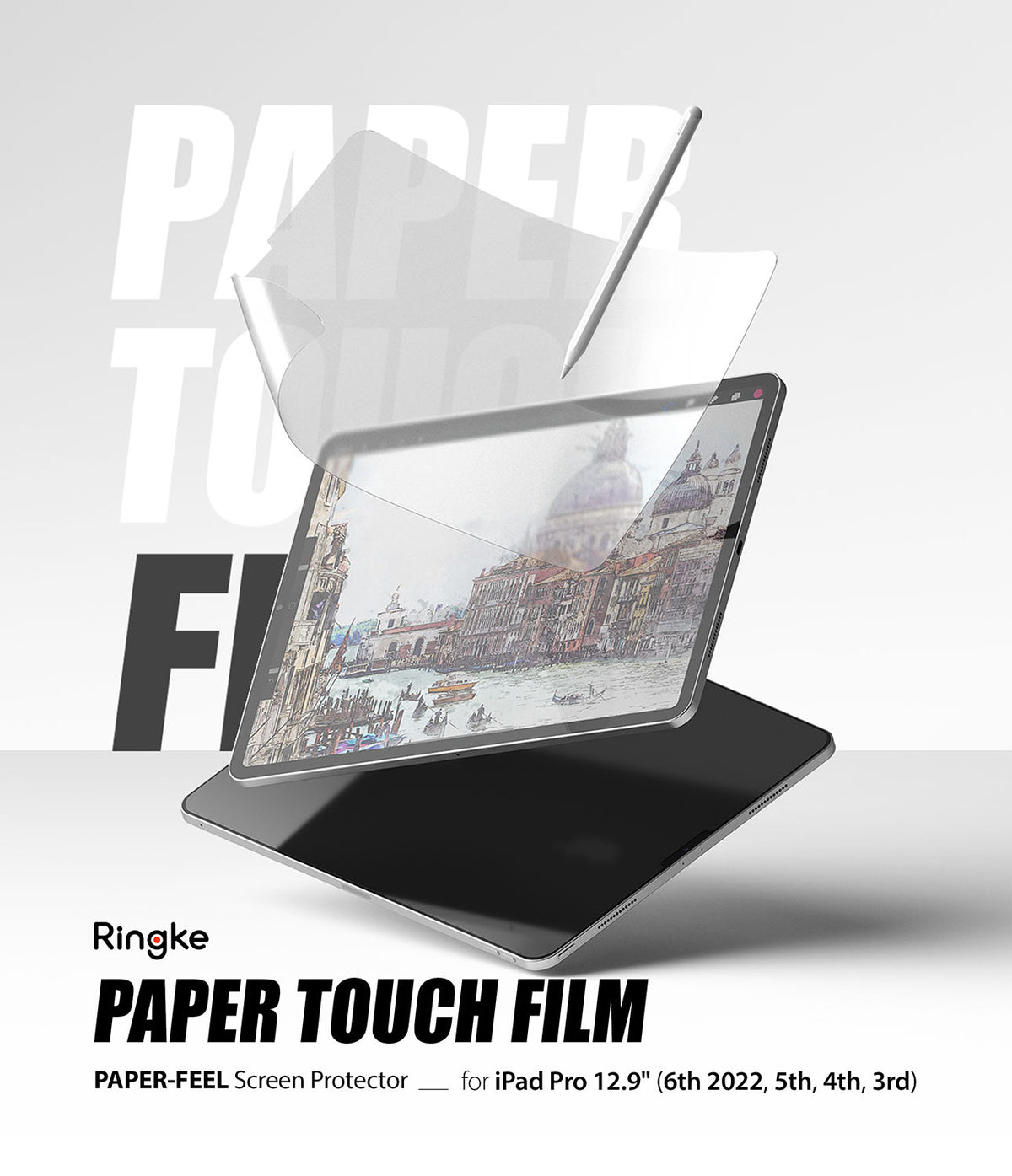 Paper Touch Film Hard | iPad - iPad Pro screen protector film being applied with a stylus over a digital landscape drawing.